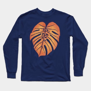 ORANGE MONSTERA LEAF – Watercolor Tropical Frond In Red & Yellow Against Slate Long Sleeve T-Shirt